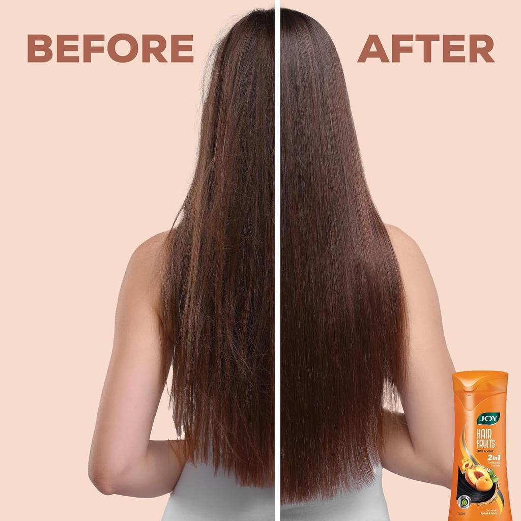 Joy Hair Fruits Long & Silky Conditioning Apricot & Peach Shampoo 340 ml Pack | Soft Shiny Hair, Moisturizing & Nourishing