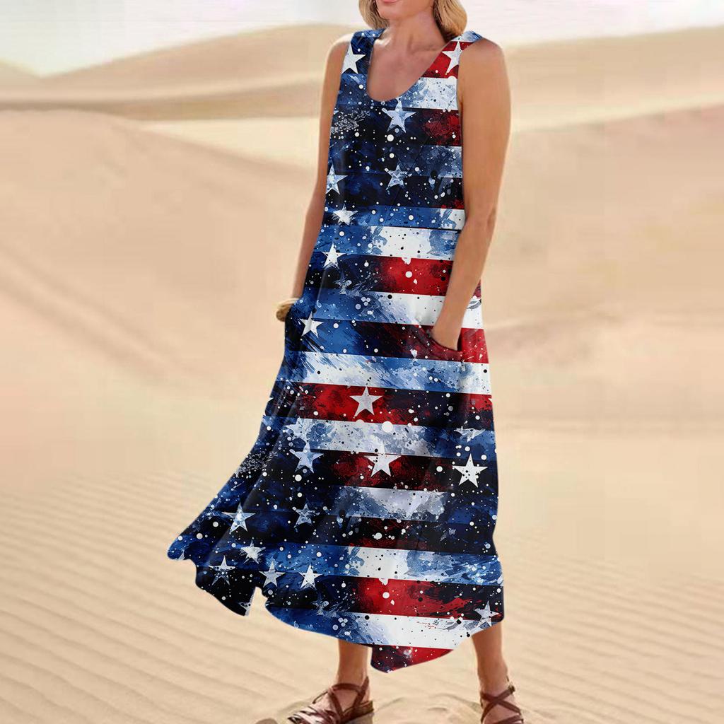 Women's Fashion Casual Independence Day Print Sleeveless Cotton Linen Pocket Dress