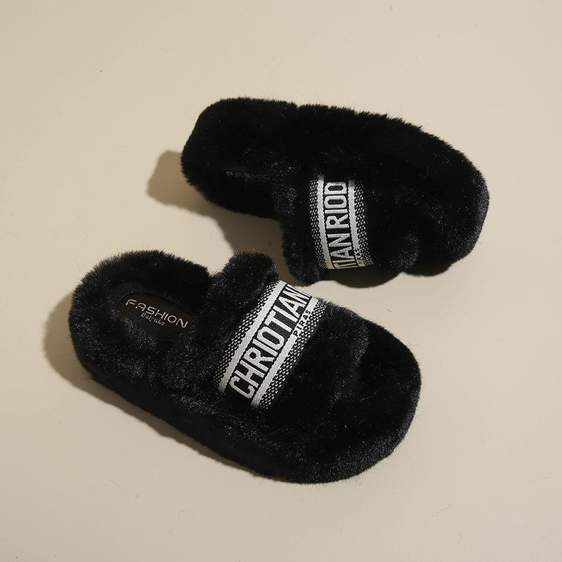 Thick Bottom Heightening Fluffy Slippers Women's Autumn and Winter Velvet Outer Wear 2025 New French Beautiful Letter Soft Bottom Cotton Mop