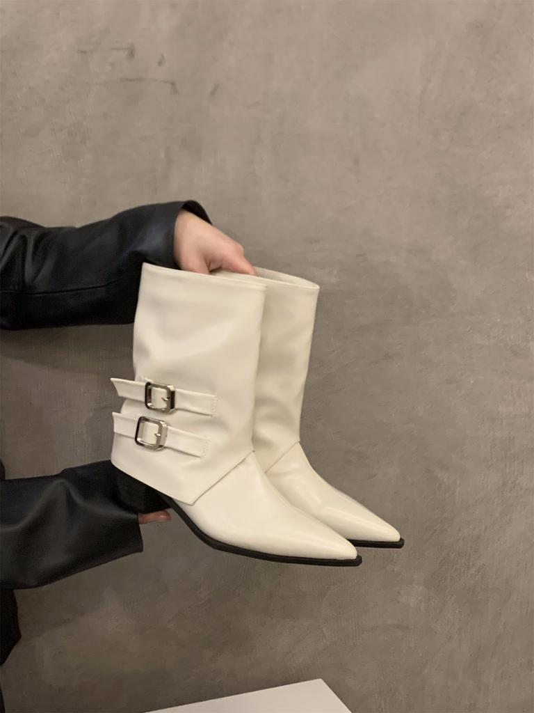 Pointed high-heeled brown small short boots women's shoes 2025 new spring and autumn single boots retro belt buckle medium tube pants tube boots