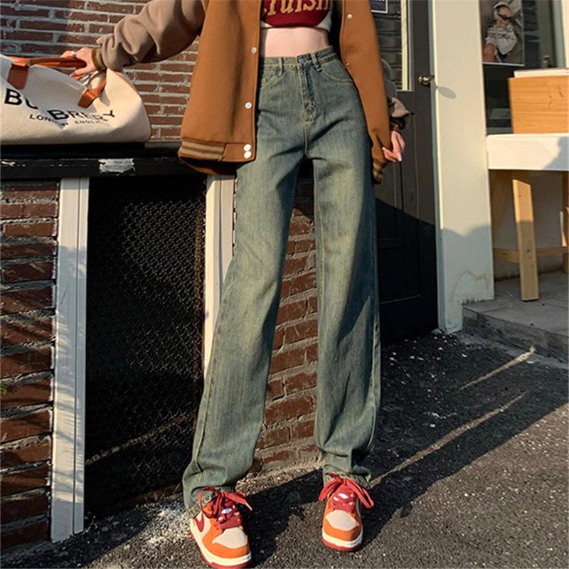 

Женские повседневные прямые джинсовые брюки с высокой талией Harajuku, теплая уличная одежда, мешковатые брюки, винтажные брюки в стиле хип-хоп, женские широкие брюки