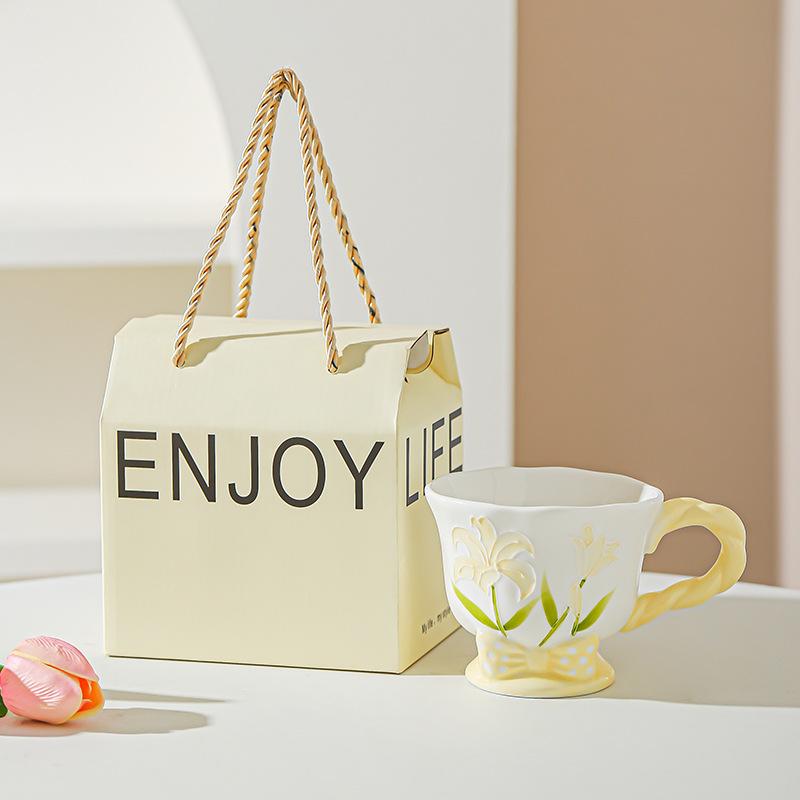 Tulip Ceramic Cup Hand Painted Relief High Looking Coffee Cup Mug Girl Heart Home Water Cup Souvenir