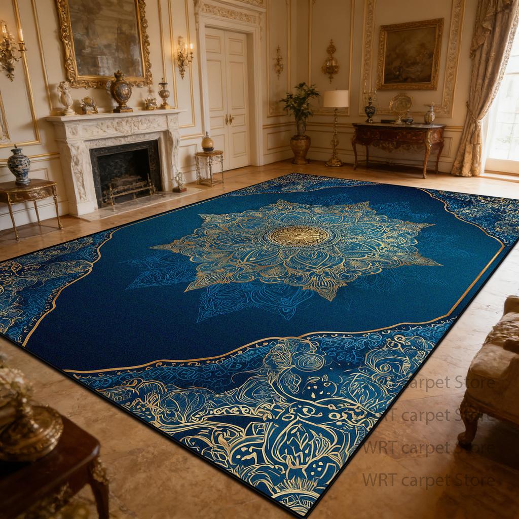 Luxury Retro Blue Golden Carpet Living Room Short Velvet European Style Washable Soft Large Area Rugs Dining Room Bedroom Mats