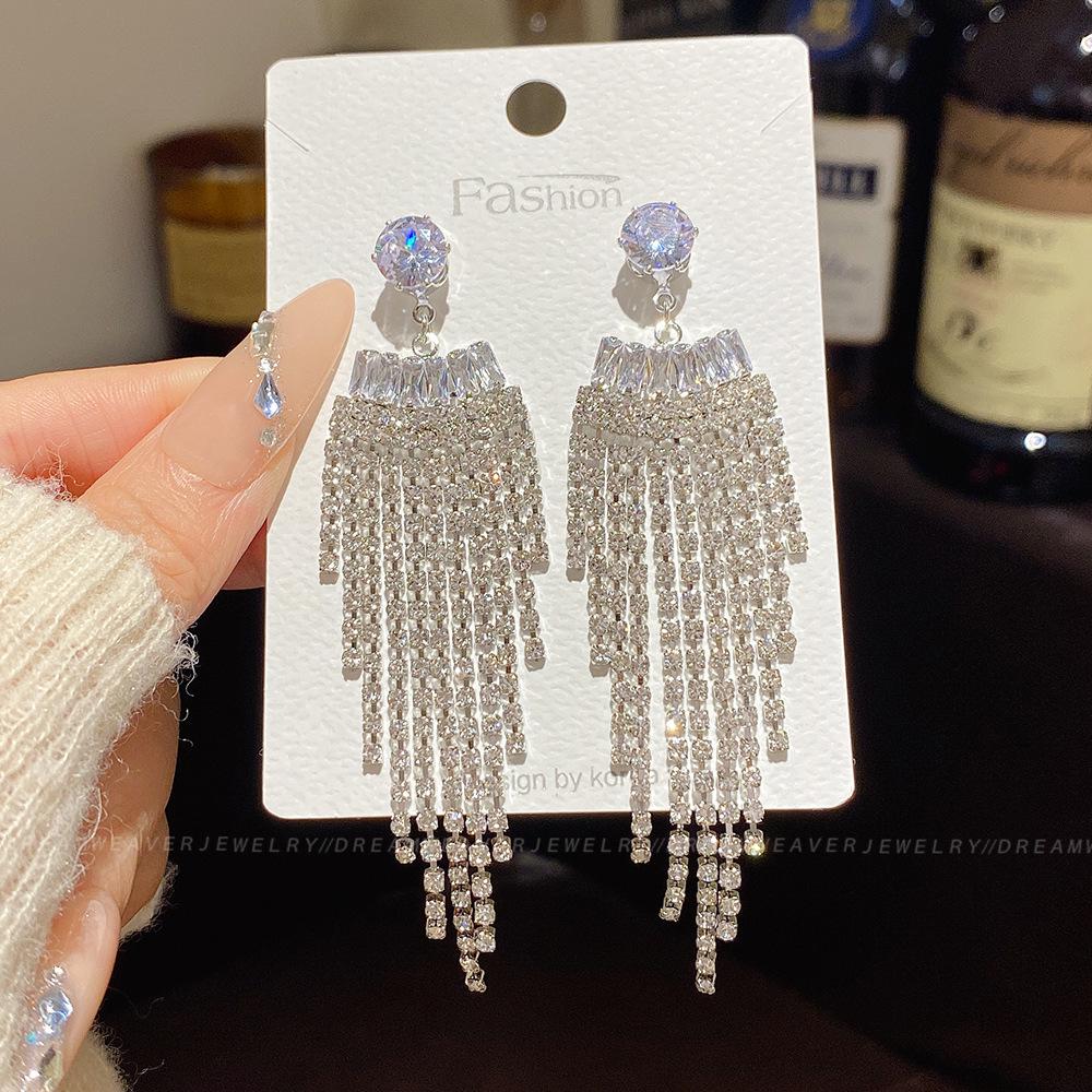 925 Sterling Silver Full Diamond Tassel Earrings – High-End European & American Style, Super Shiny, Luxurious Ear Jewelry for Women.