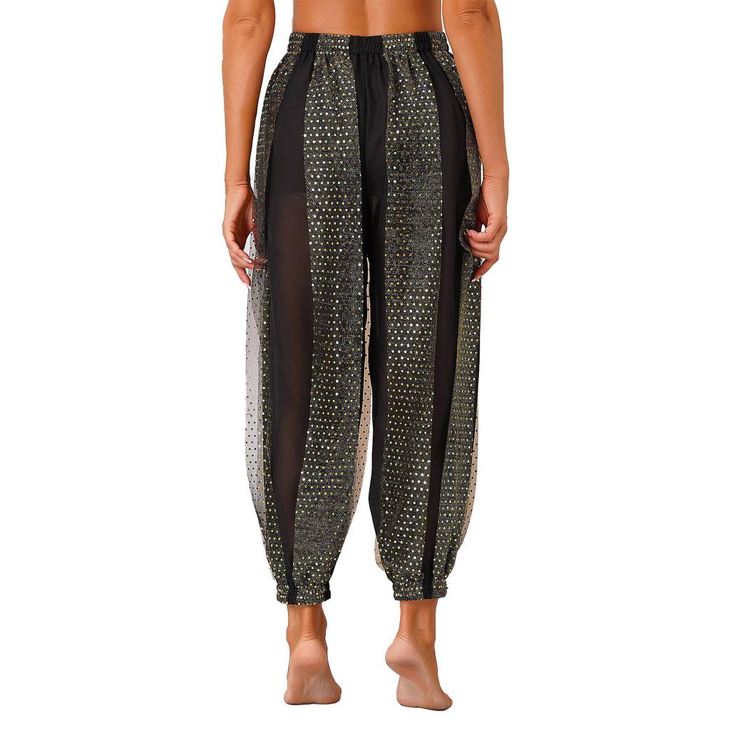 Womens Semi Sheer Chiffon Pants Sequined Dot Design Elastic Waist Belly Dance Performance Trousers