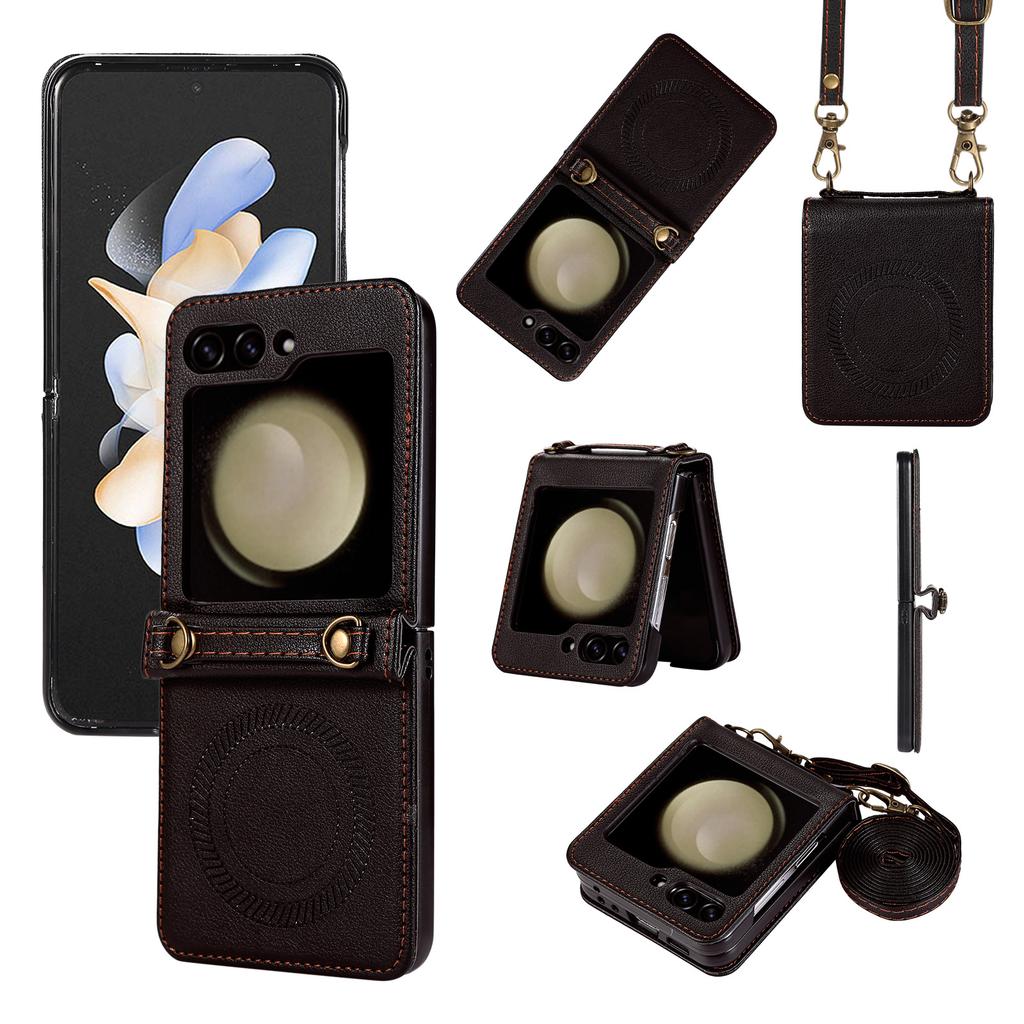 Applicable To Samsung Z Flip6 Mobile Phone Case Zflip5 Solid Color New Magnetic Suction Leather Case Diagonal Straddle Rope Mobile Phone Case