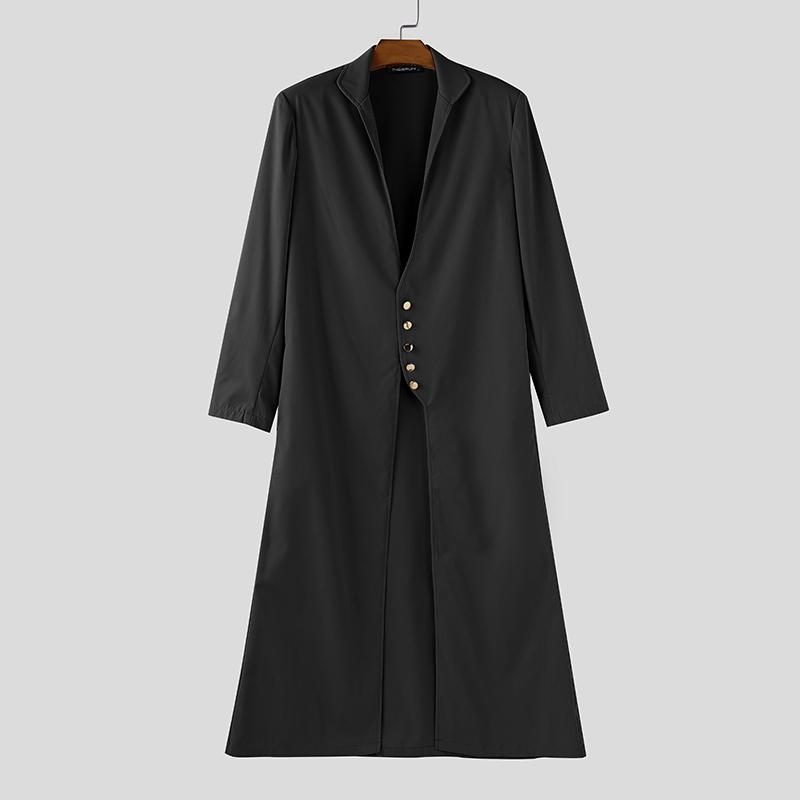 INCERUN Men Turn-down Collar Long Sleeve Button High Splits Long Cardigan Tunic Tops