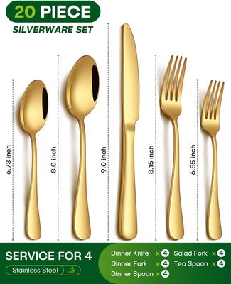 Ensemble de 20 pièces de couverts dorés et argentés, Ensemble de couverts en acier inoxydable, Ensemble d'ustensiles de table de qualité alimentaire, Poli miroir, Passe au lave-vaisselle
