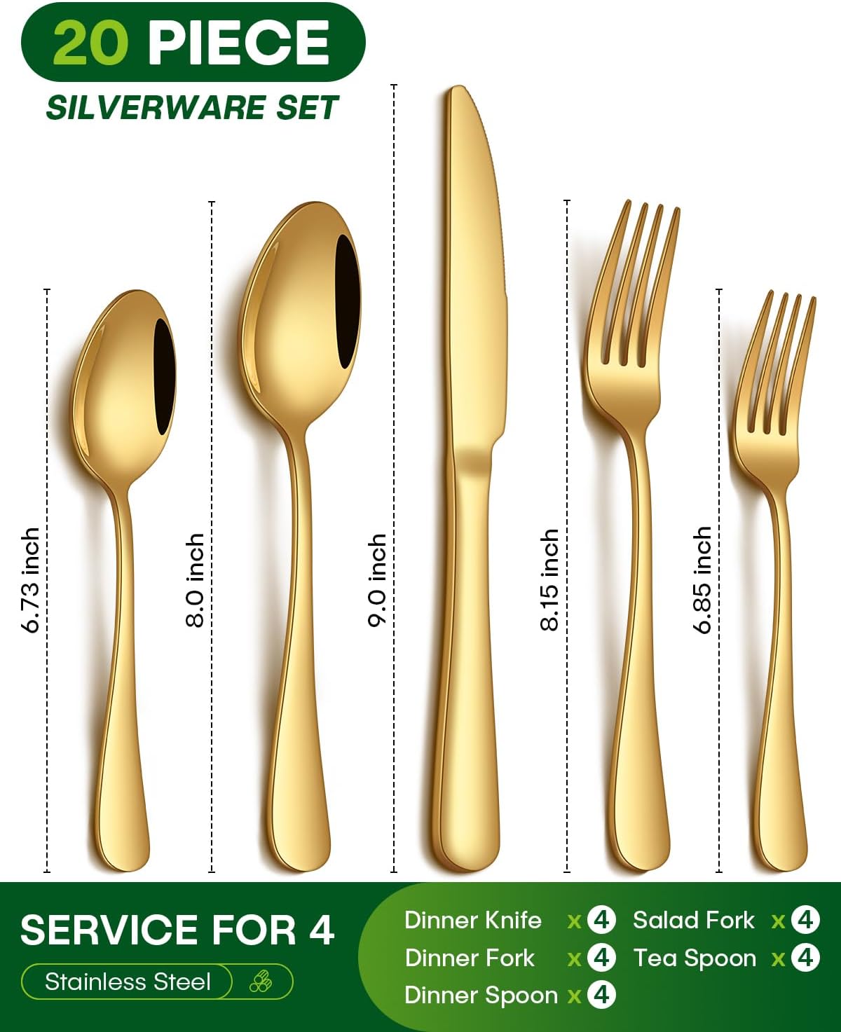 

20 Pcs Gold Silverware Set, Stainless Steel Flatware Set, Food Grade Cutlery Utensil Set, Mirror Polished Dishwasher Safe