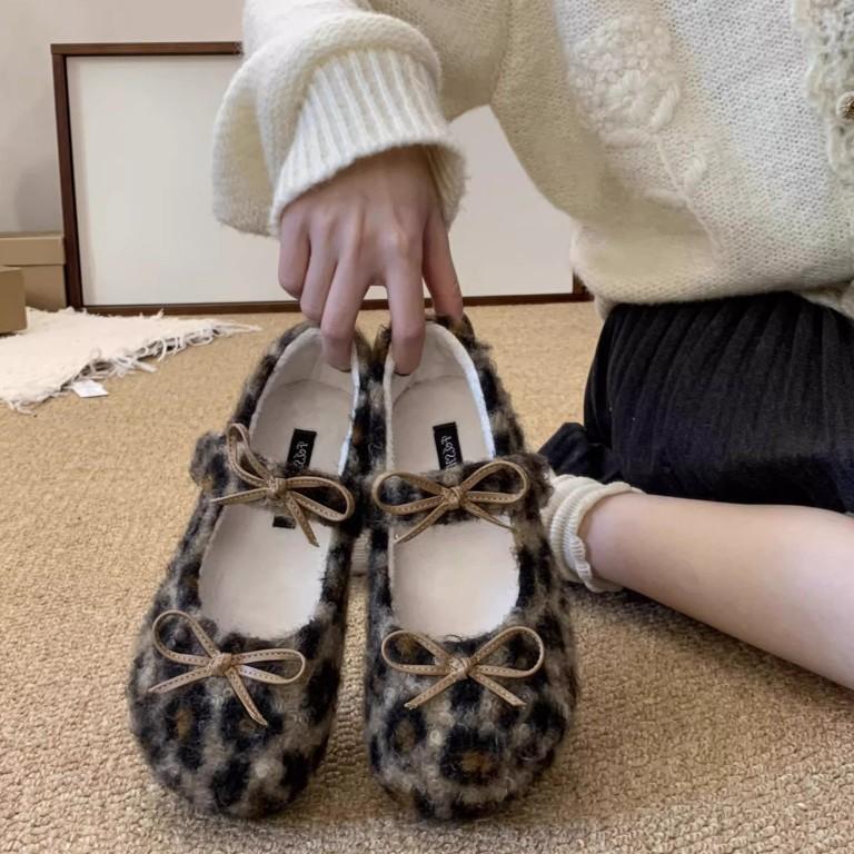 Gentle Wind White Bow Fluffy Shoes Winter Wear Mary Jane One Pedal Lazy Velvet Warm Soft-soled Cotton Shoes