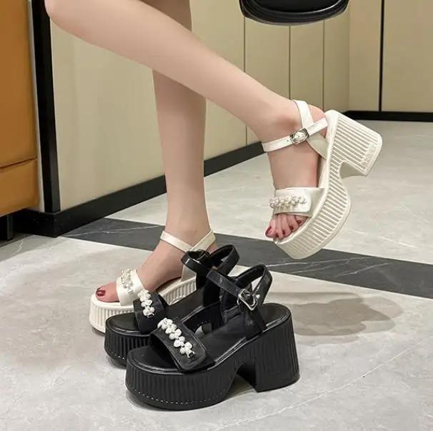 Fashion 10CM Microfiber Leather Breathable New Summer High Brand Heels Women Buckle Platform Wedge Sandals Shoes Peep Toe Flats Sneaker
