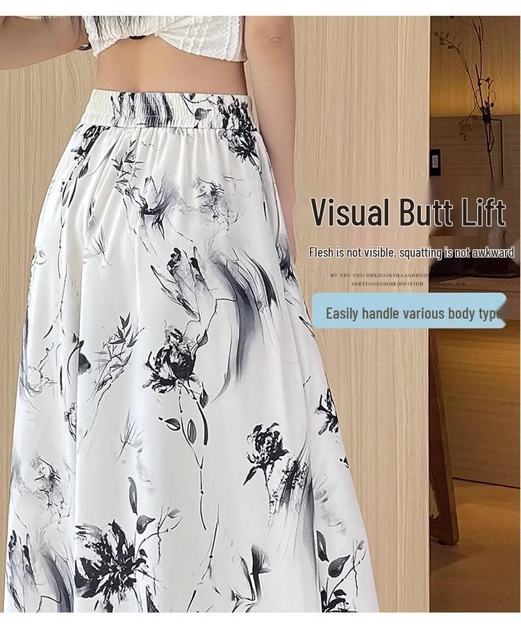 Dámské Capri kalhoty s vysokým pasem a širokými nohavicemi z ledového hedvábí: Tisk tušovou malbou, Styl Léto 2024, Volný a splývavý.