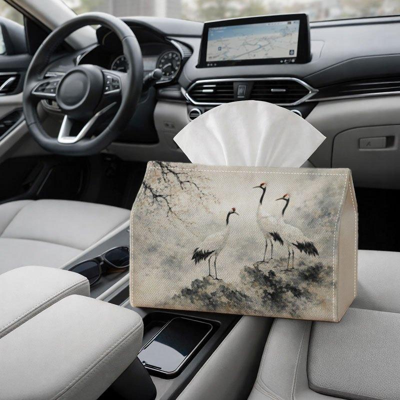 2D Flat 1pc Oriental Vintage Minimalist Tissue Box, Crane Landscape Ink Illustration Perfect for Outdoor Gatherings, Daily Desktop Use, And Suitable f