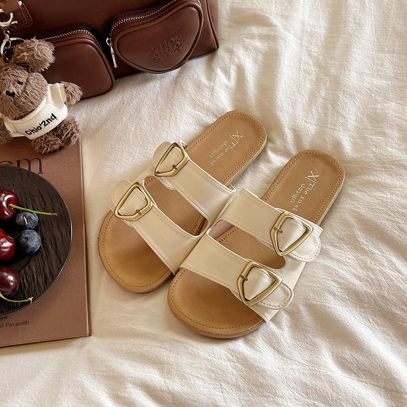 

Повседневные взрывные двубортные шлепанцы на одно слово женские 2025 лето на плоской подошве универсальная верхняя одежда ленивые Бокен крутые шлепанцы 35