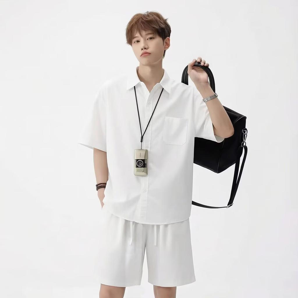Retro Summer Loose-Fit Workwear Short-Sleeve Shirt Unisex Shirt And Shorts Two-Piece Set For Couples