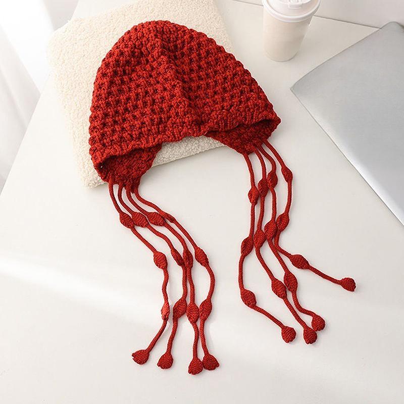 

Handmade Knitted Hat For Women Winter Warm Ear Protection Cap Lady Female Korean Crochet Pullover Hats as the picture