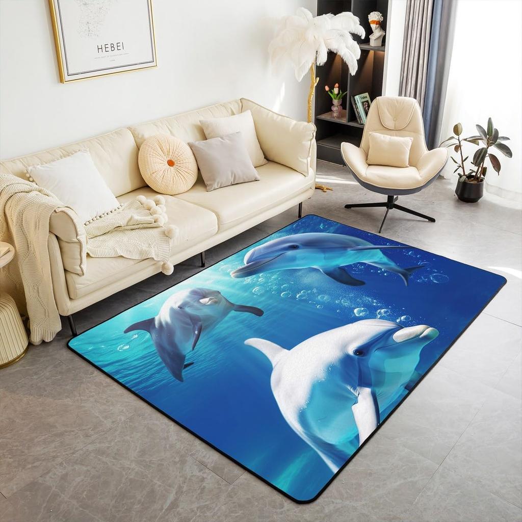 Jumping Dolphins Area Rug for Kids Boys Girls Cute Ocean Animal Decorative Carpet Sea Creatures Indoor Floor Mat Area Rug