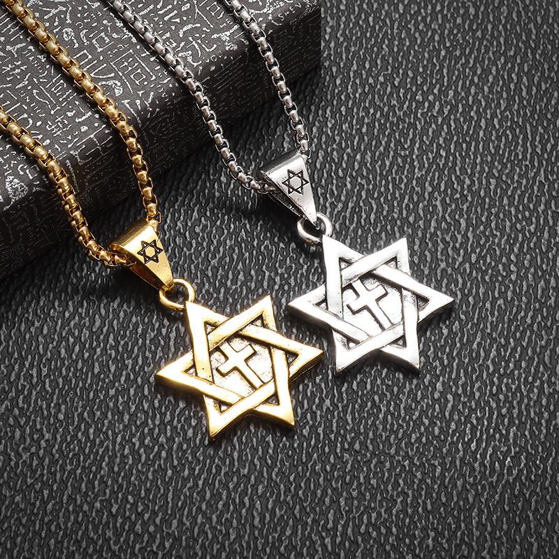 Retro Sechsspitziger Stern Kreuz Mode Schmuck Anhänger Halskette