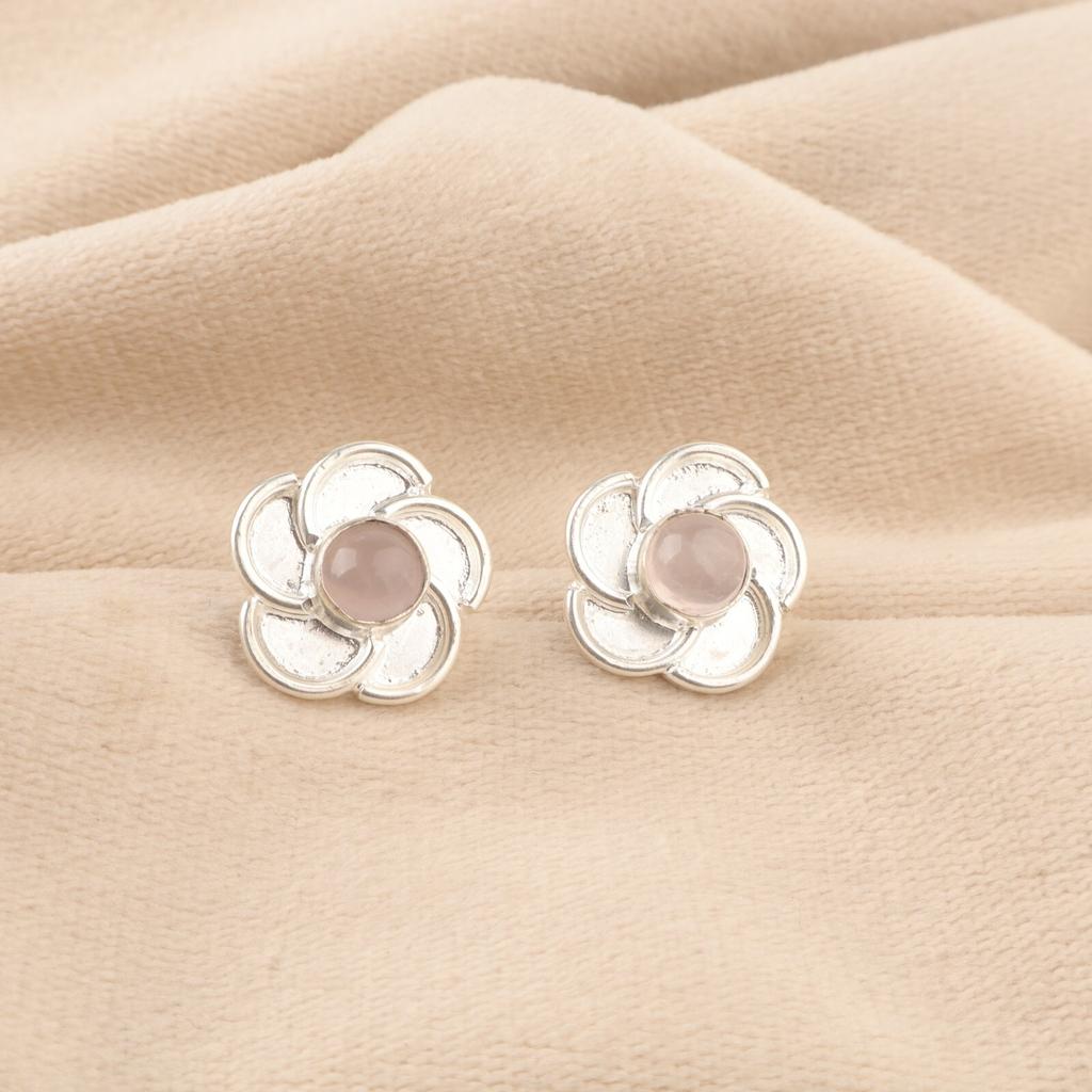 Round Natural Rose Quartz Sterling Silver Wife Gift Stud Unique Earrings Jewelry EE-157-33
