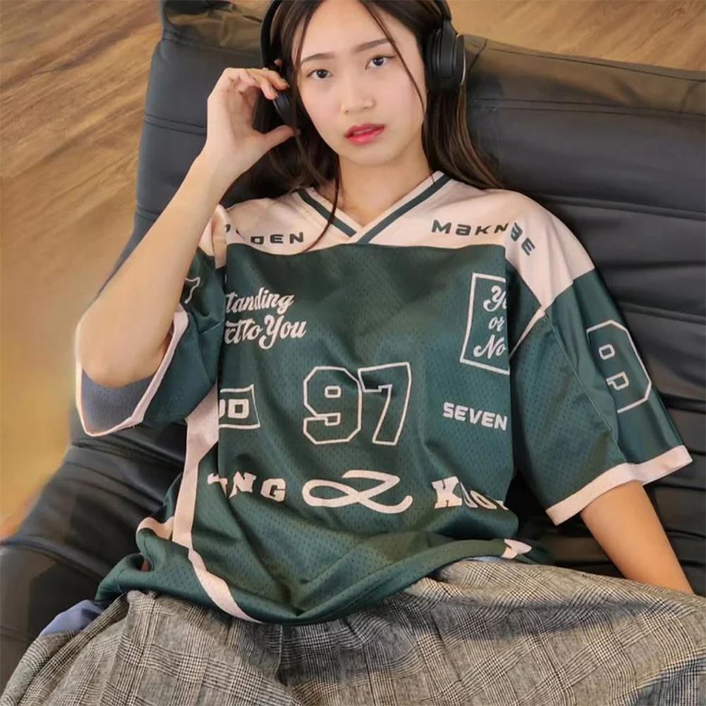 2026 New Women's Spring/Summer Y2K Fashion Casual Golden 97 Mesh Jersey Oversized Breathable Speed Drying Sports T-shirt