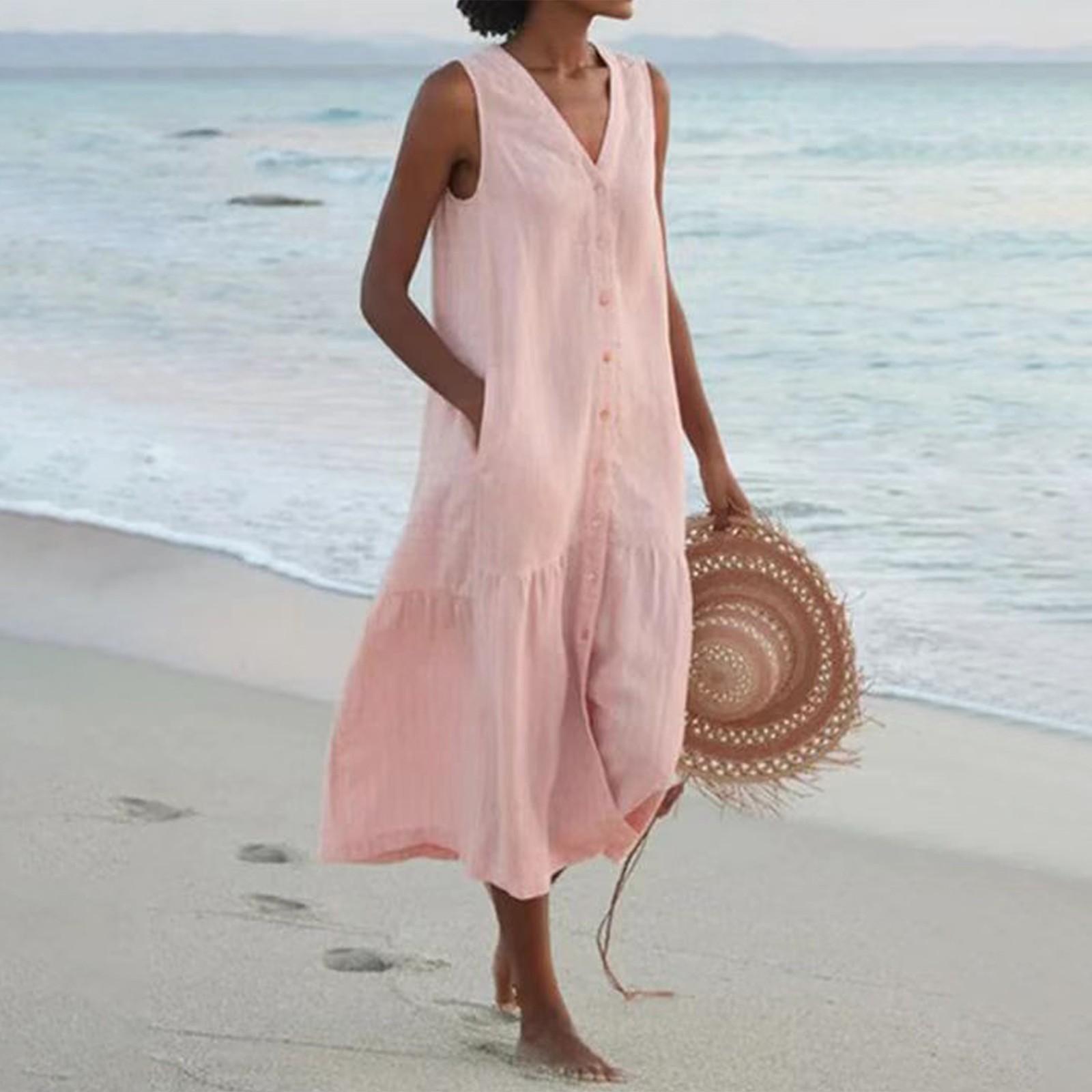 

Women s Color Summer Dress Sleeveless V Neck Button Down Casual Pocket Swing Short Dress XL рожевий