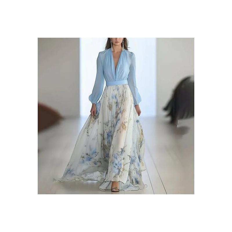 Euro Female Long Sleeve V Neck Spliced Print Chiffon Maxi Dress For Casual Streetwear