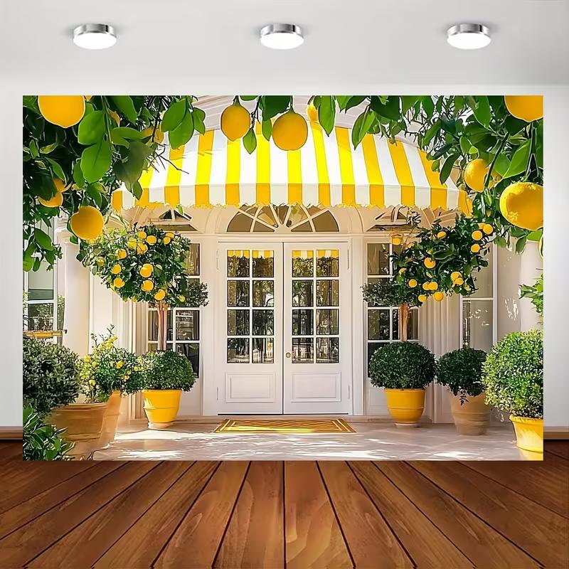 2D Bright Lemon Tree Backdrop, Yellow Potted Lemon Porch Wall Decor for Spring