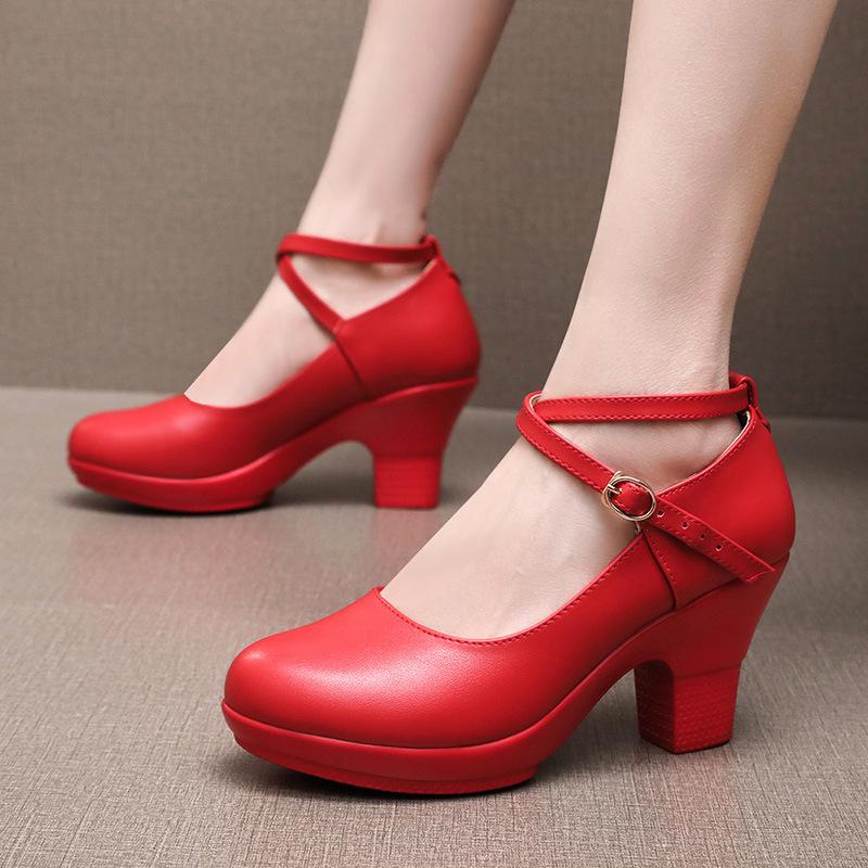 

Women Genuine Leather Shoes Med Block Heels Platform Shoes for Office Model Dance Mom 35EU/CN36 червоний
