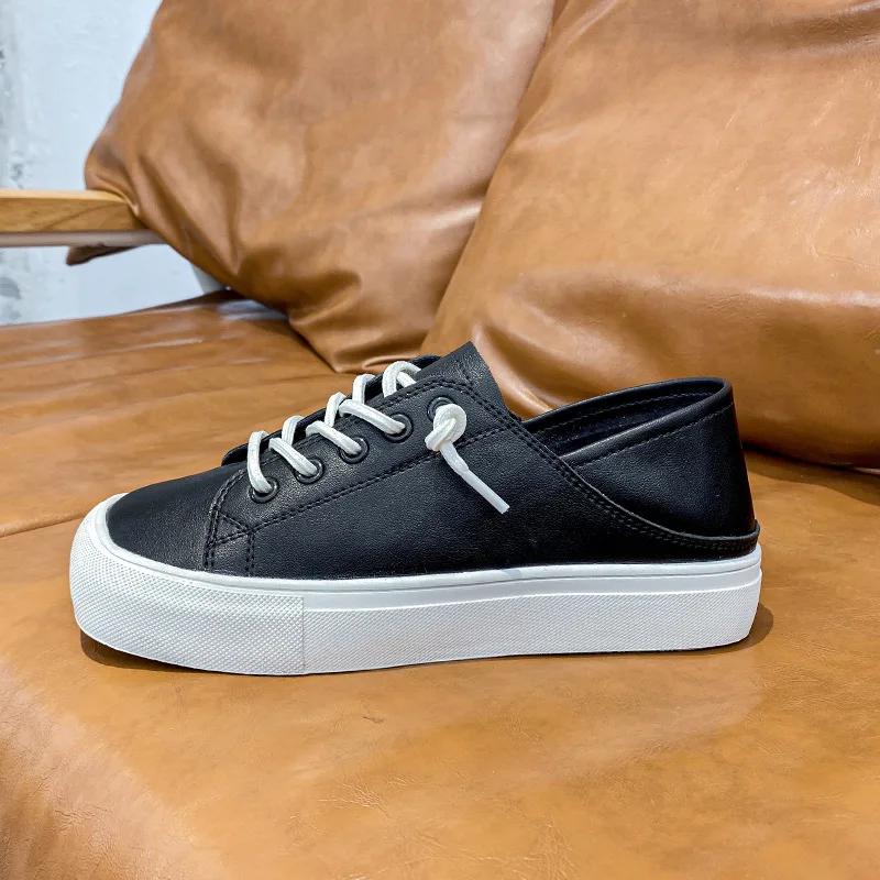 Fashion Genuine Leather White Women's Shoes Ugly Cute Square Head with Soft Bottom Ladies Design Square Toe Flat Casual Shoes2024