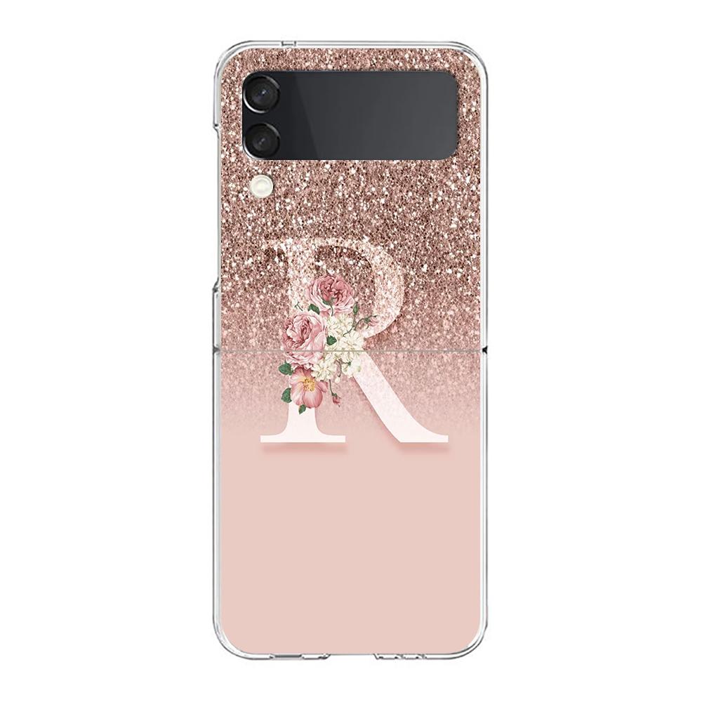 Letter Pink Shiny M R Phone Case For Samsung Galaxy Z Flip 3 4 5 Hard Folding Clear PC Bumper For Samsung Z Flip 6 Cover