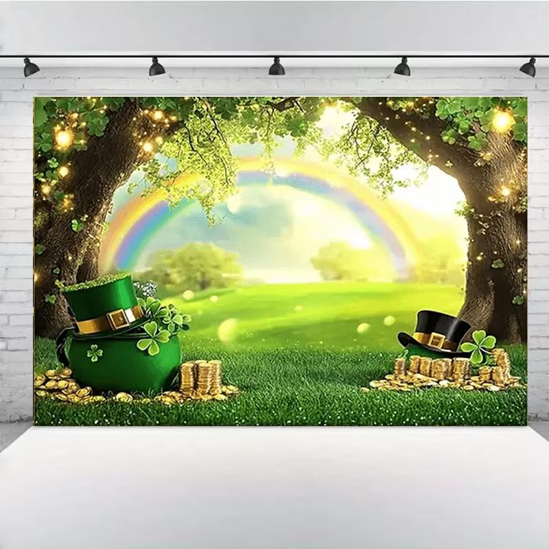 2D St Patrick’s Day Backdrop Leprechaun Hat Gold Coin Shamrock Rainbow Green Meadow Photo Banner 47.2x31.5inch/120*80cm
