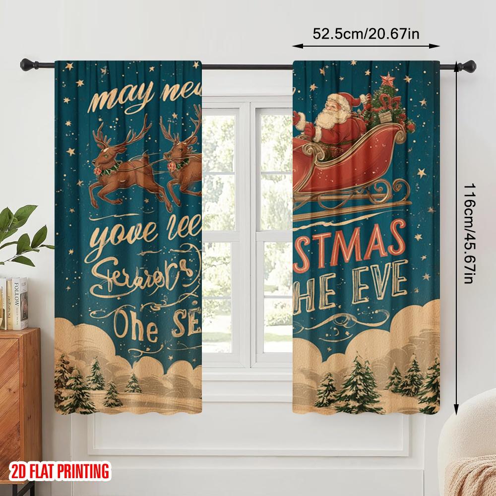 2pcs,2D Plane Printing Popular Curtain Panels Santa Sleigh & Snowflakes Polyester Fabric (without Rod) Holiday for Bedroom,