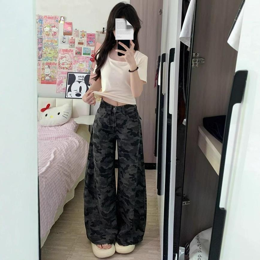Comfortable Spring and Autumn Work Trousers Female Loose Wide Leg Trousers Draped Straight Camouflage Sports Casual Denim Trousers Long Denim Pants