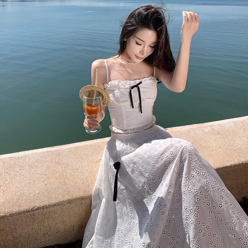 In Stock, Holiday Style Tube Top, Lace Top + Half-length Skirt, Two-piece Set, Summer Picture Color, Other Medium Skirts.