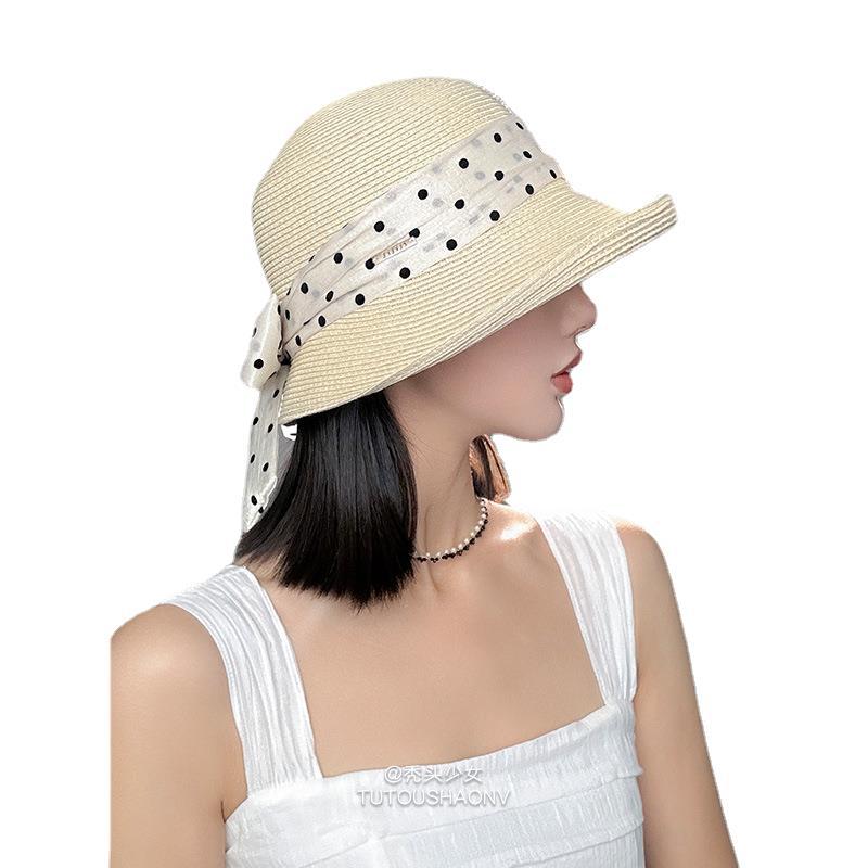 Polka dot foreign style fashionable sunshade straw hat children summer French elegant seaside vacation sunscreen bucket hat