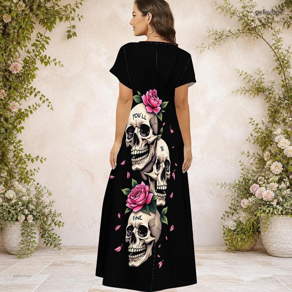Women Plus Size Black White V Neck Short Sleeve Butterfly Printed Long Dress