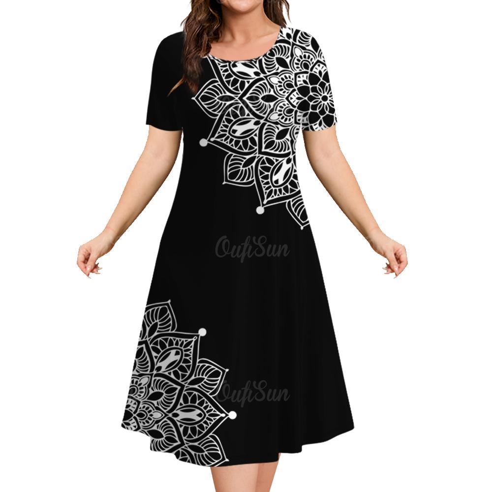 Women's Dresses 2025 Summer  Flower Elements  Dresses Elegant Casual Loose fashion Short Sleeve Dresses