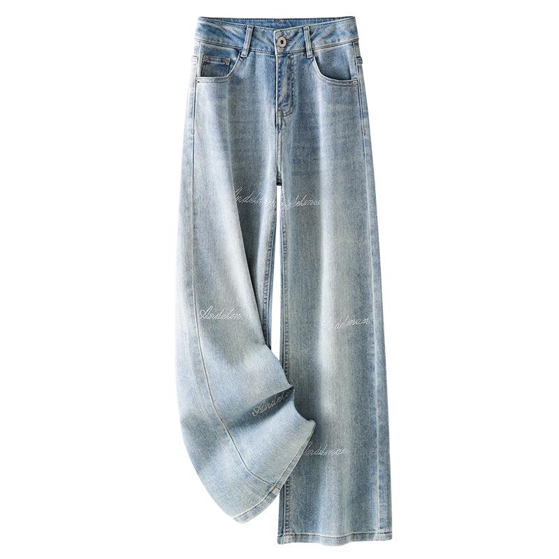 

Весна 2025 Женские джинсы светлого цвета с высокой талией и широкими штанинами, стройнящие 3XL синий