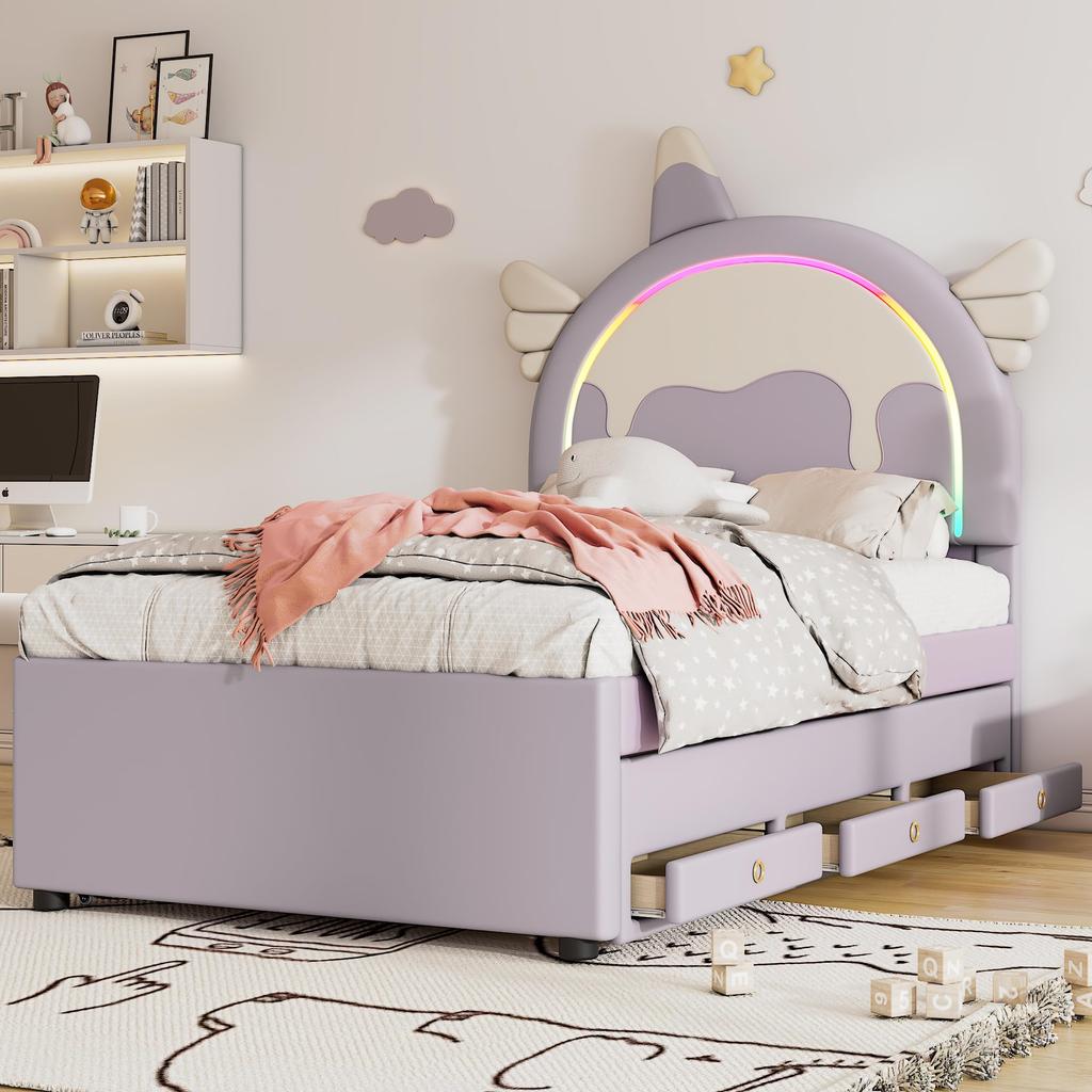 Children's Bed 90x200cm with LED Light, Sofa Bed Daybed with Pull-Out Bed and Drawers, Without Mattress