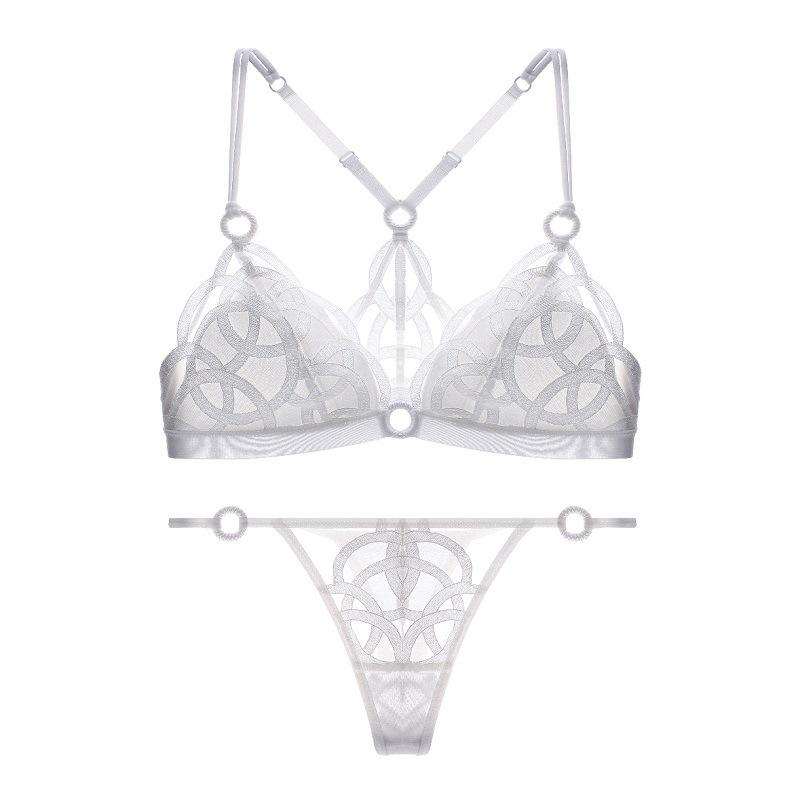 French Sexy Backless Lingerie Lace Ultra Thin Bra Set for Women Summer Triangle Soft Cup Mesh Breathable Brassiere and Thong Set