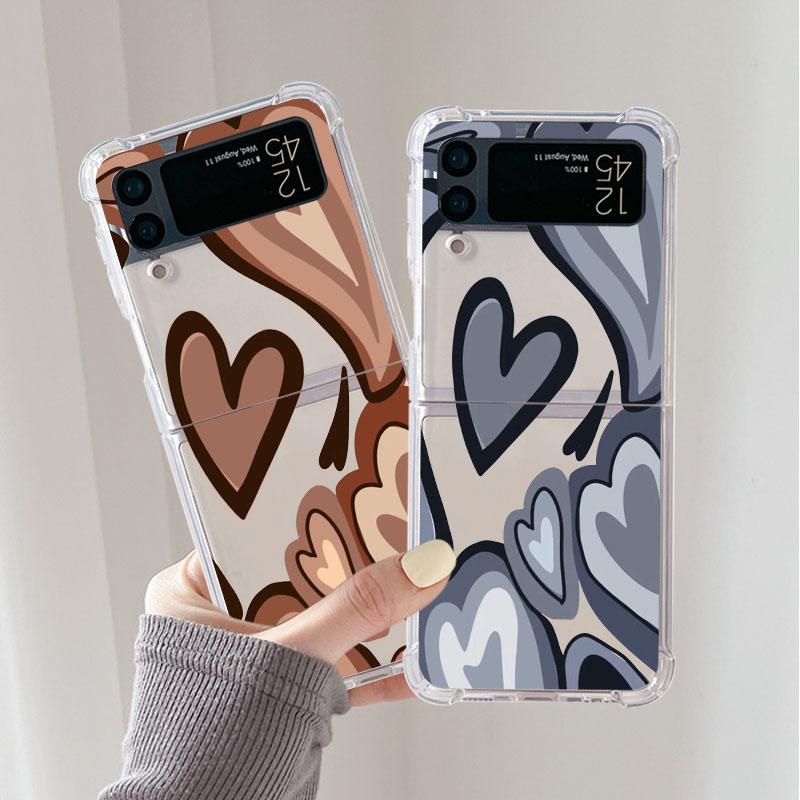 Love Heart Pattern Luxury Case For Samsung Galaxy Z Flip 3 4 5g Funda Z Flip3 Clear Pc Hard Shockproof Back Phone Coque Shell
