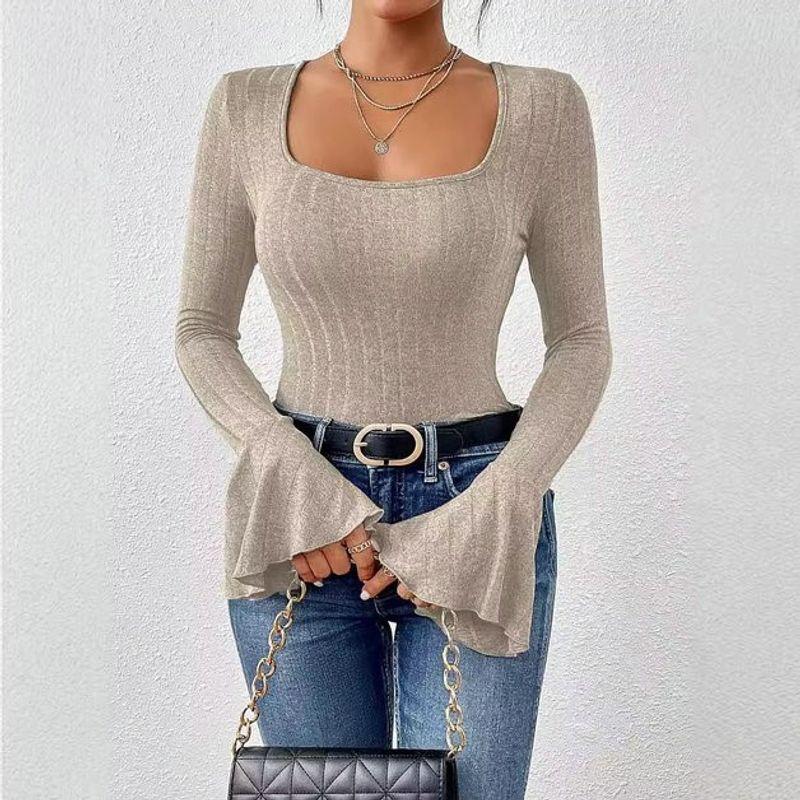 Stylish 2025 Fall New Arrival Square Collar Solid Color Rib Fabric Slim-Fit Sexy Figure Flattering Tops Horn Long Sleeves T-shirt