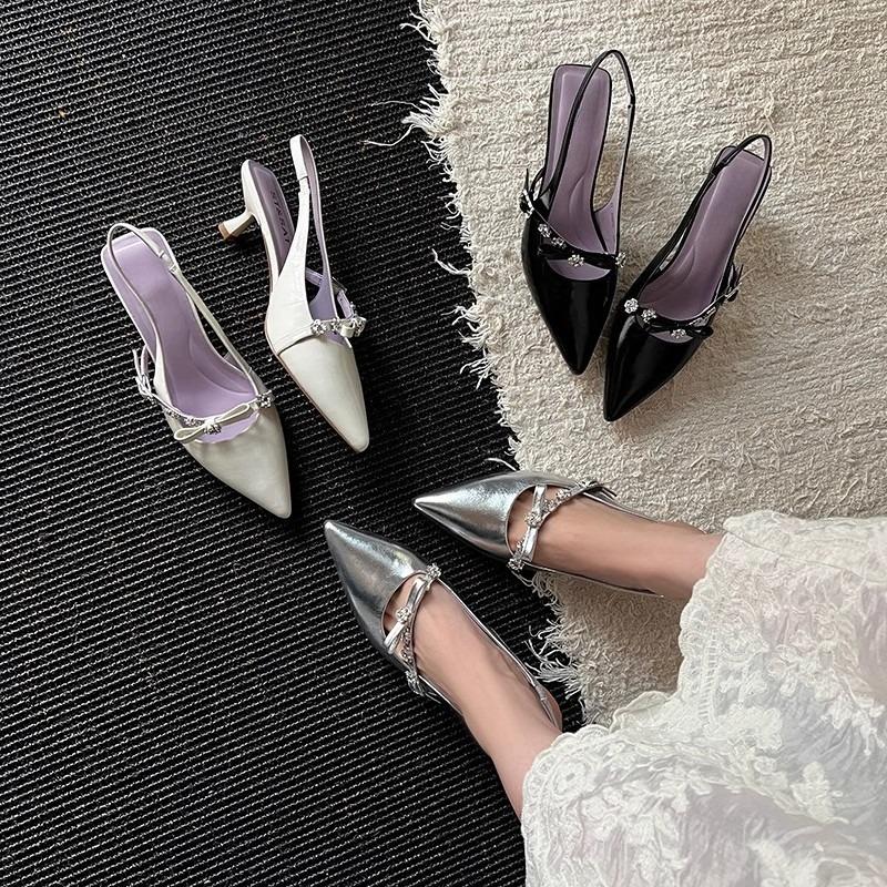 Fashion Fashion Pointed Toe Stiletto Sandals Women's Wrapped Toe Shallow Mouth Metal Buckle Bow Slip Strap Non-Slip Kitten Heel Shoes