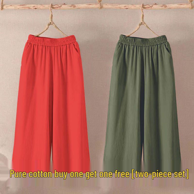 Women's Summer Cotton Linen Wide-Leg Pants: Korean Style, Loose Fit, Plus Size, Versatile Seven-Point Casual Wear.