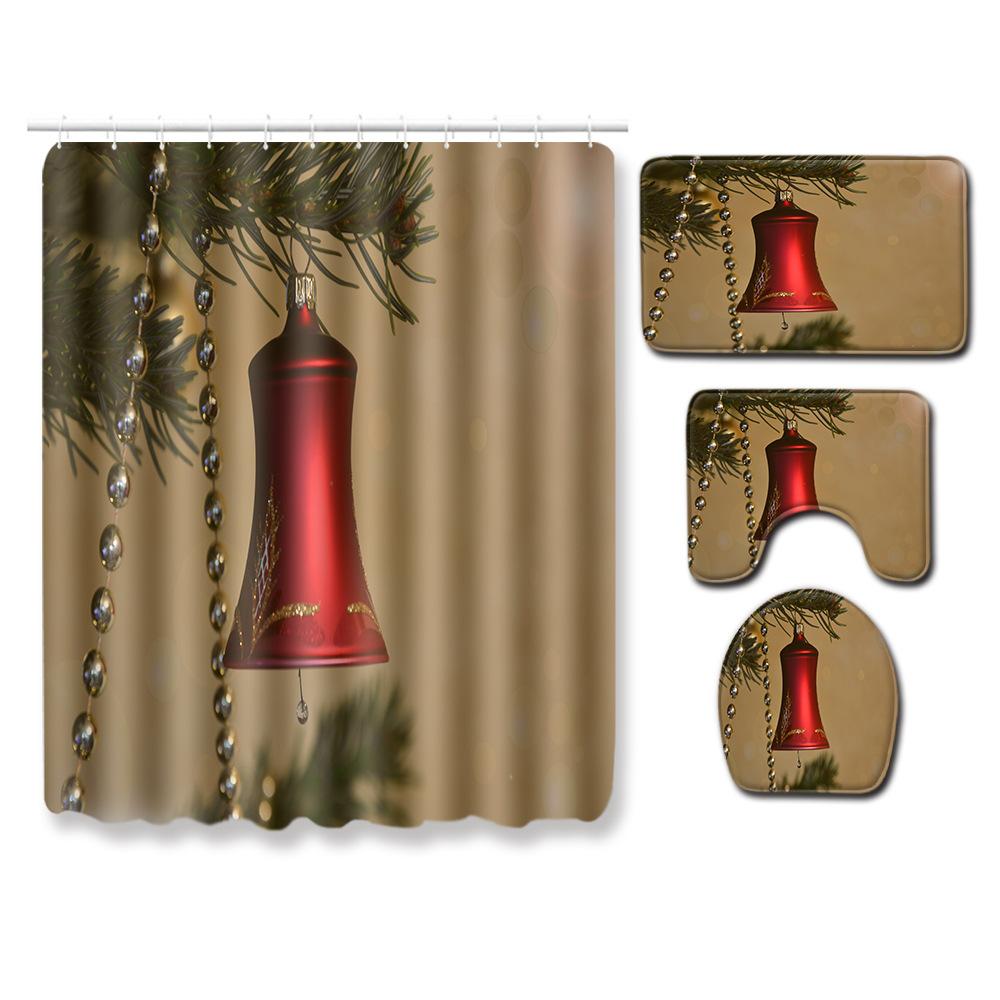 Christmas Elements Bathroom Shower Curtain Floor Mat Toilet Cover Foot Mat Four-Piece Pattern Size