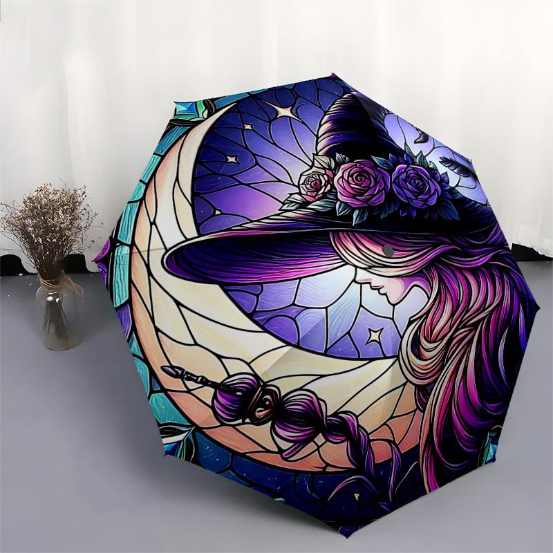 1pc Stained Glass Witch Hat Auto-Folding Umbrella - Portable Tri-Fold Design with 8-Bone Iron Frame, Outdoor, Perfect Gift for Fans, Travelers, Daily