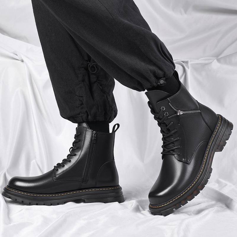 Martin boots men's winter velvet thermal leather boots men's leather high-top leather shoes locomotive boots zipper cotton boots men's