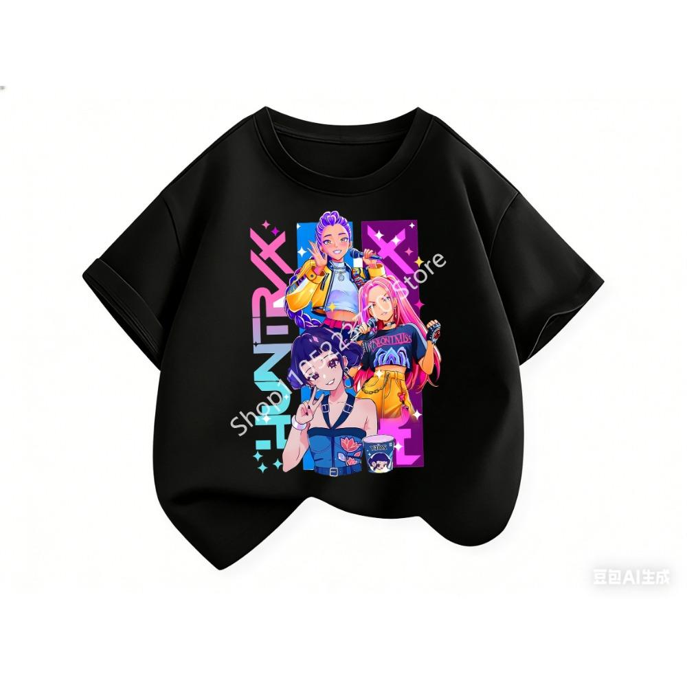 2026 Fun Huntrix Kpop Dämonenjäger T-Shirt für Jungen Mädchen Fans Geschenk Sommer Rundhals Kurzarm T-Shirts Mode Kinder T-Shirt