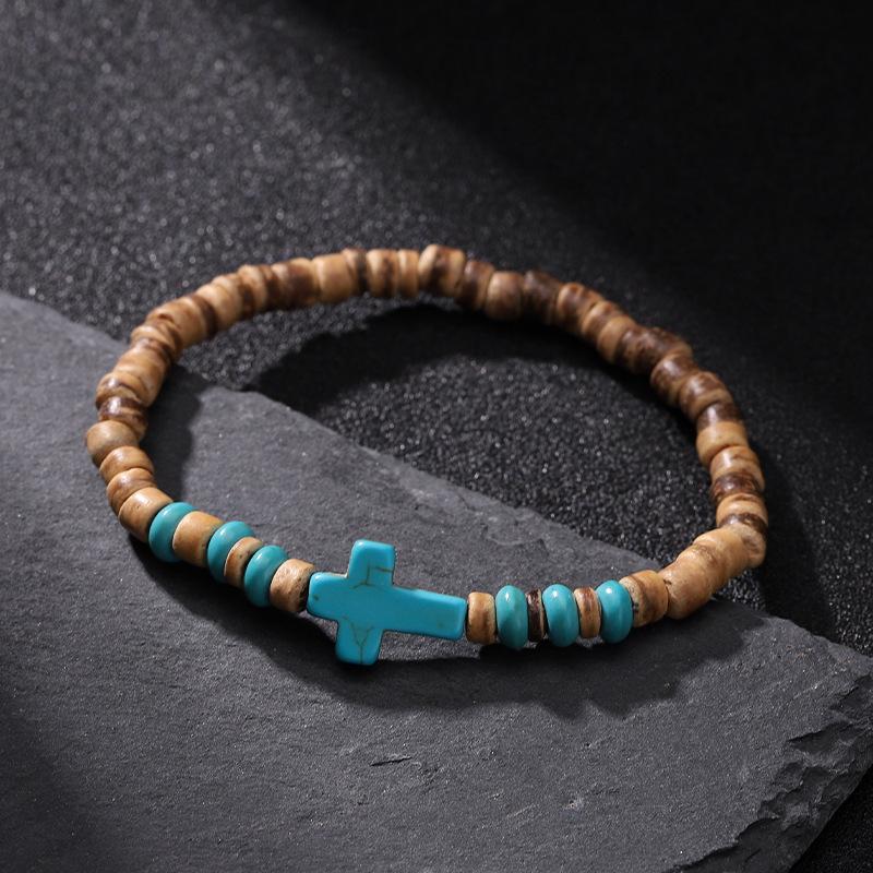 Аксессуары Мужской Модный Новый Браслет с Деревянными Бусинами и Бирюзовым Крестом Персональный Универсальный Высококачественные Украшения