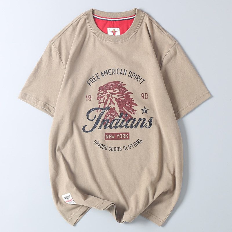 Export Surplus Cotton Brushed Indian Vintage Print Short-Sleeve T-Shirt Men's Trendy Brand Round Neck Base Shirt